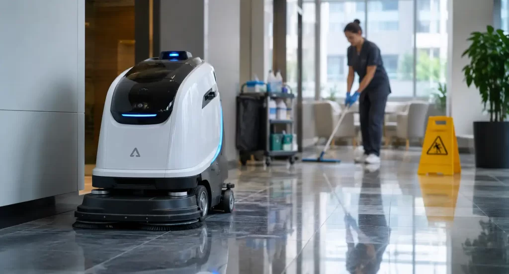 a cleaning robot and a janitorial crew