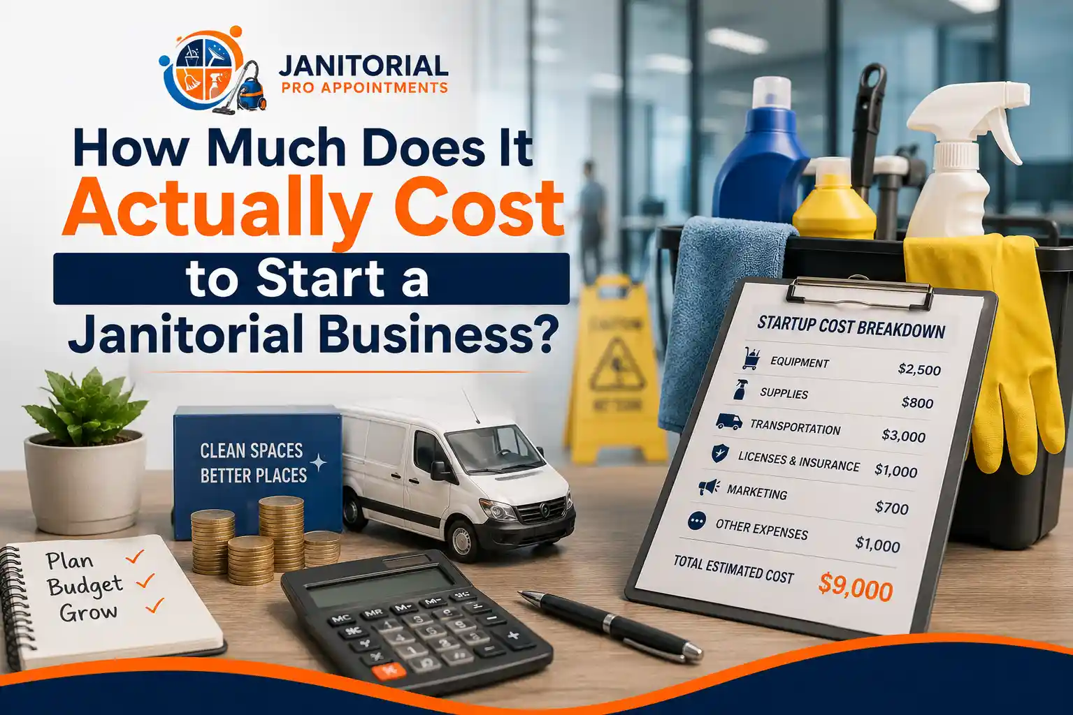 Janitorial business startup costs with cleaning supplies and budget breakdown.