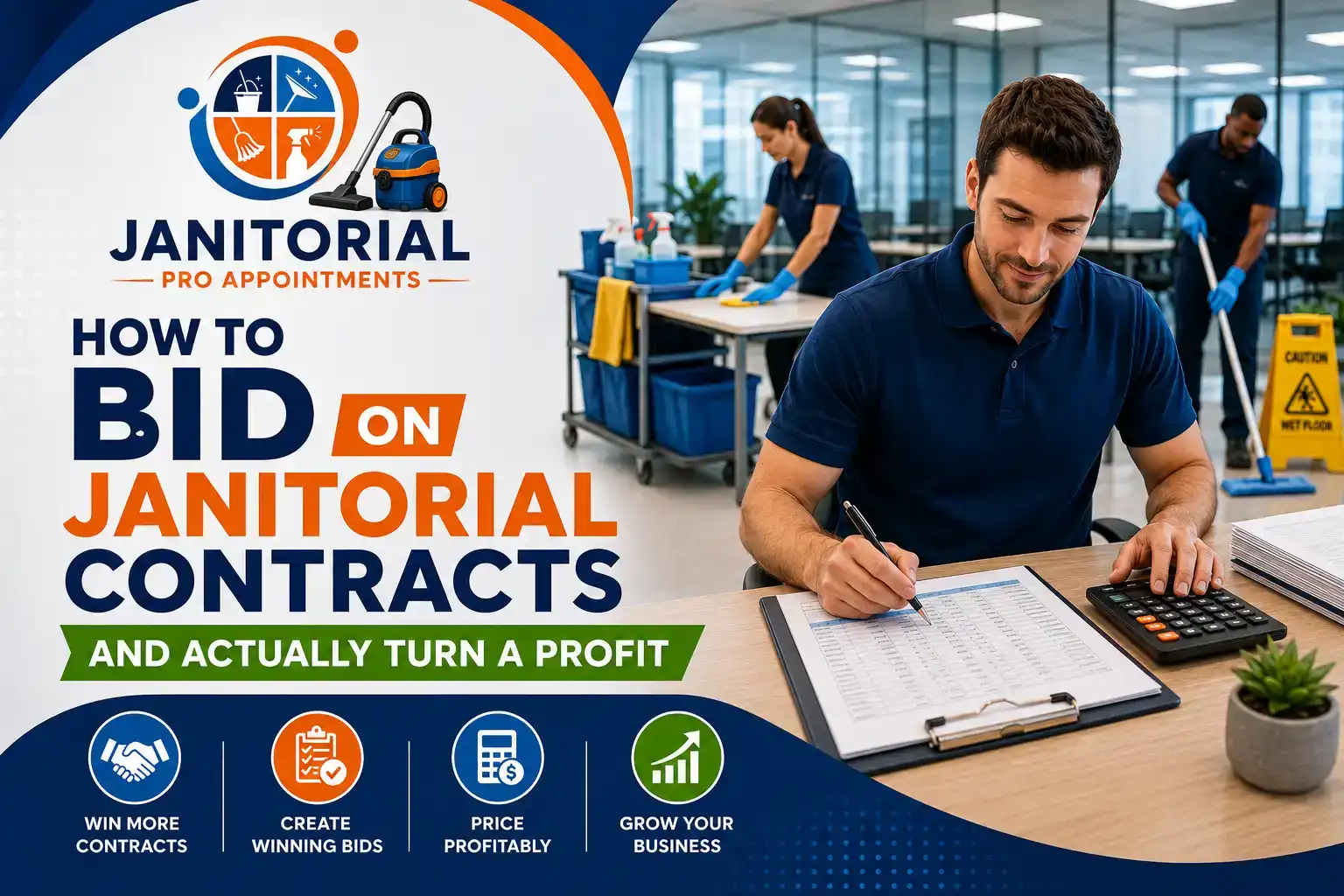 Janitorial contract bidding proposal with cleaning business documents and profit calculations.