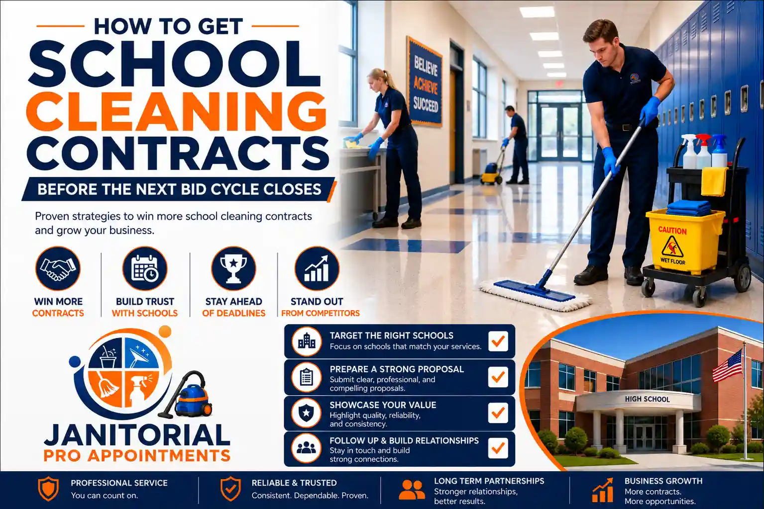 School cleaning contracts guide with professional janitorial staff cleaning a school hallway.