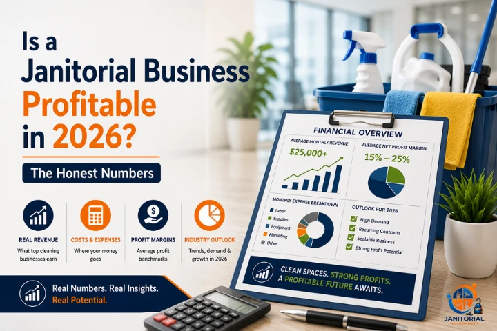 Janitorial business profitability guide with financial charts, cleaning supplies, and 2026 profit insights.
