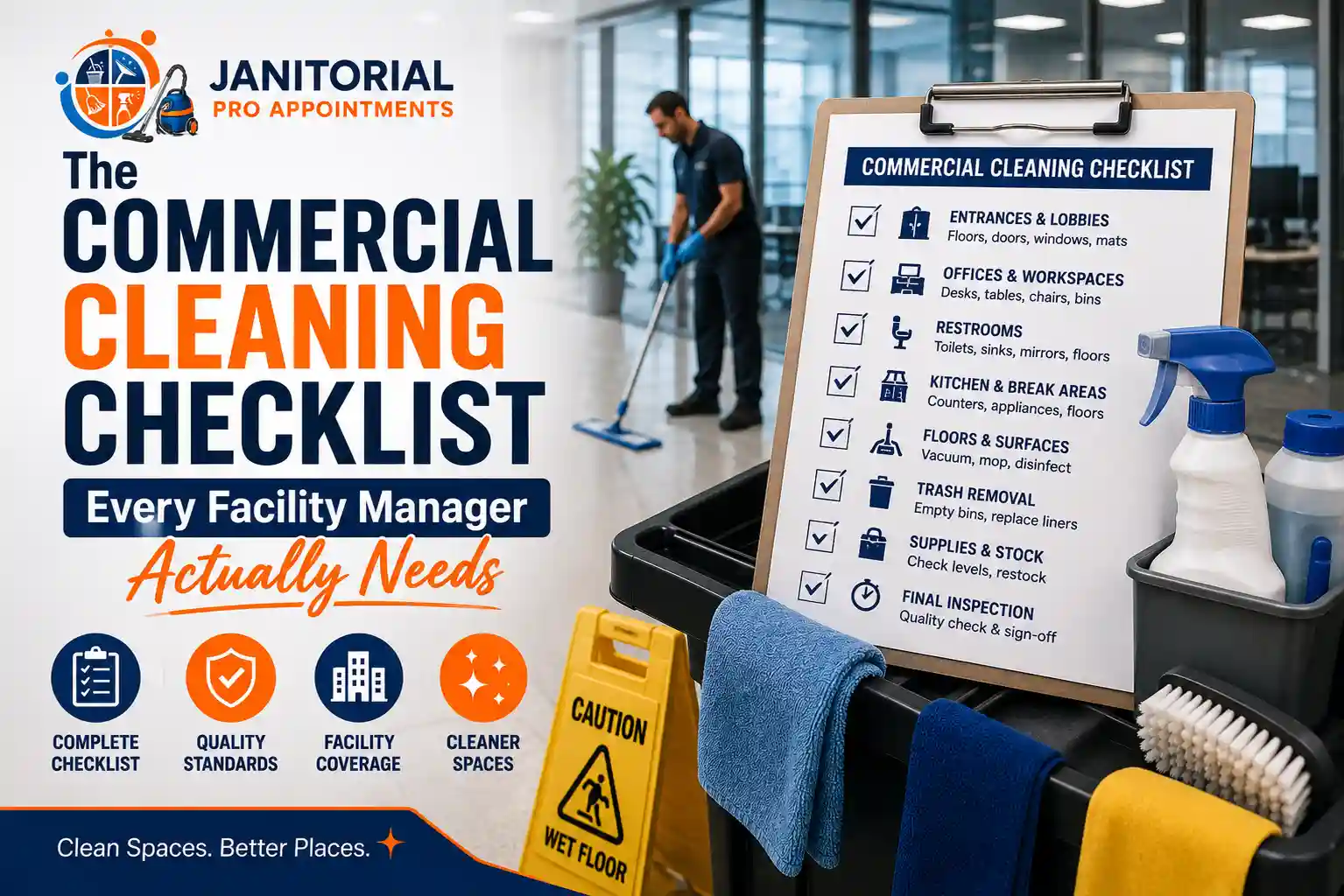 Commercial cleaning checklist for facility managers with professional janitorial supplies and cleaning staff.
